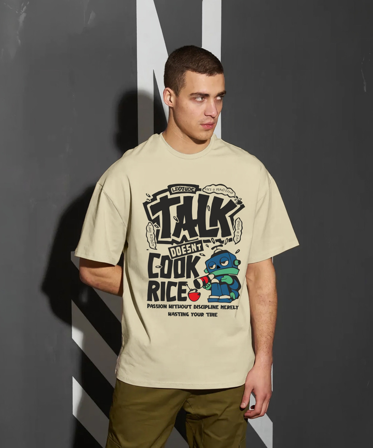 Image of Leotude Printed Men Round Neck Beige T-Shirt