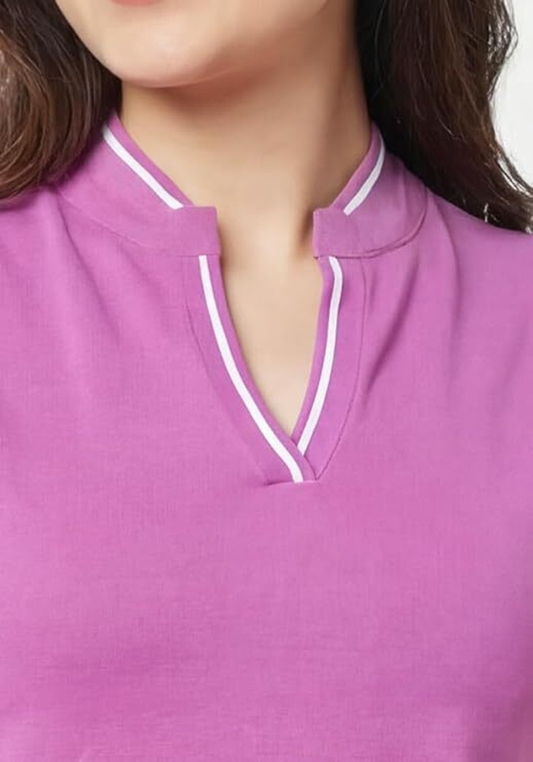 Image of WEAR YOUR OPINION Women Solid Mandarin Collar Cotton Blend Purple T-Shirt