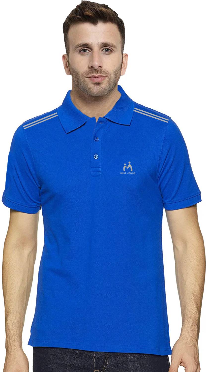 MIST N FOGG Men Solid Polo Neck Polyester Blue T-Shirt
