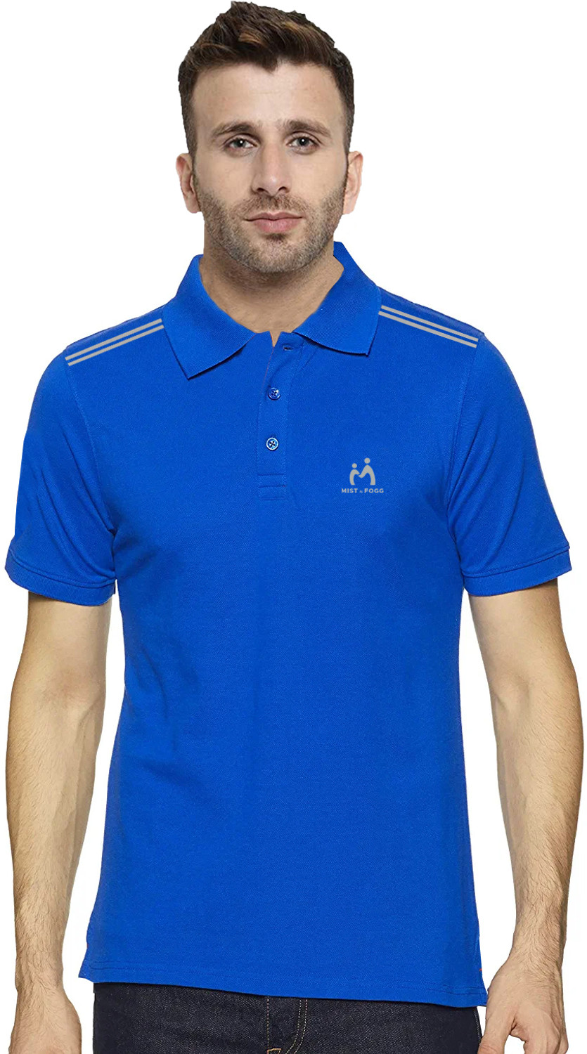 Image of MIST N FOGG Solid Men Polo Neck Blue T-Shirt