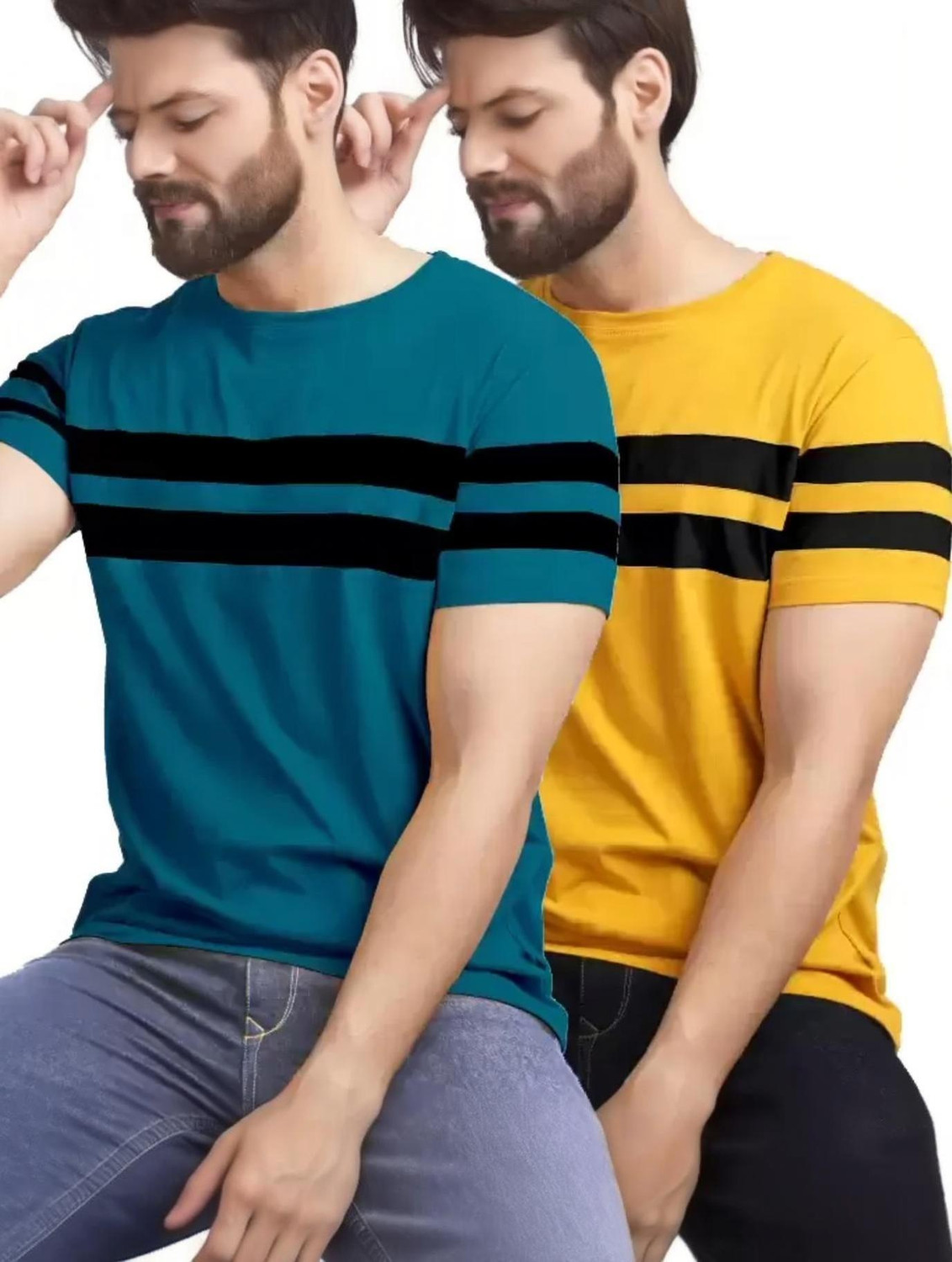 Image of R RIDACHY Striped Men Round Neck Yellow T-Shirt