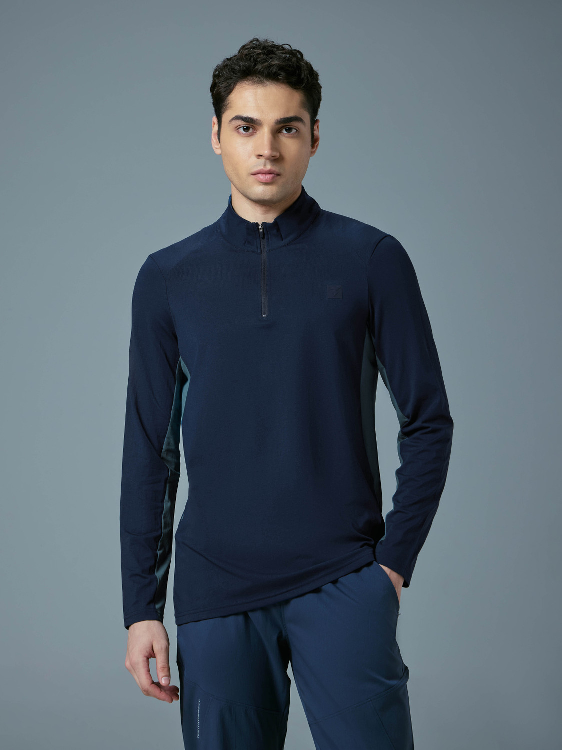 Image of TECHNOSPORT Sporty Men High Neck Navy Blue T-Shirt