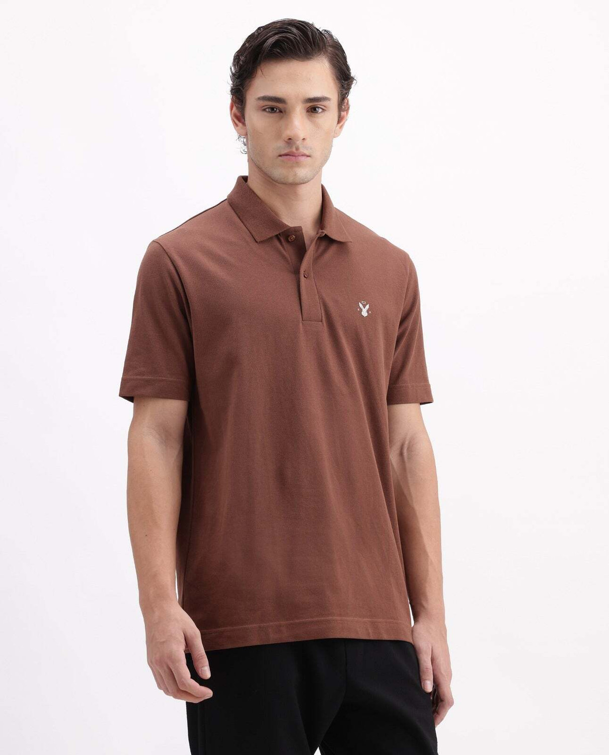 Image of RARE RABBIT Solid Men Polo Neck Brown T-Shirt