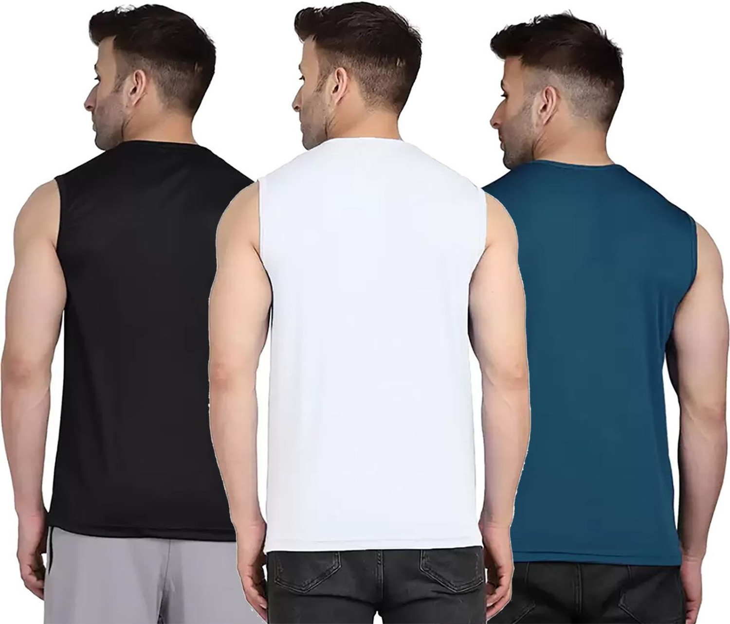 Image of Think Tech Solid Men Round Neck Black, White, Blue T-Shirt