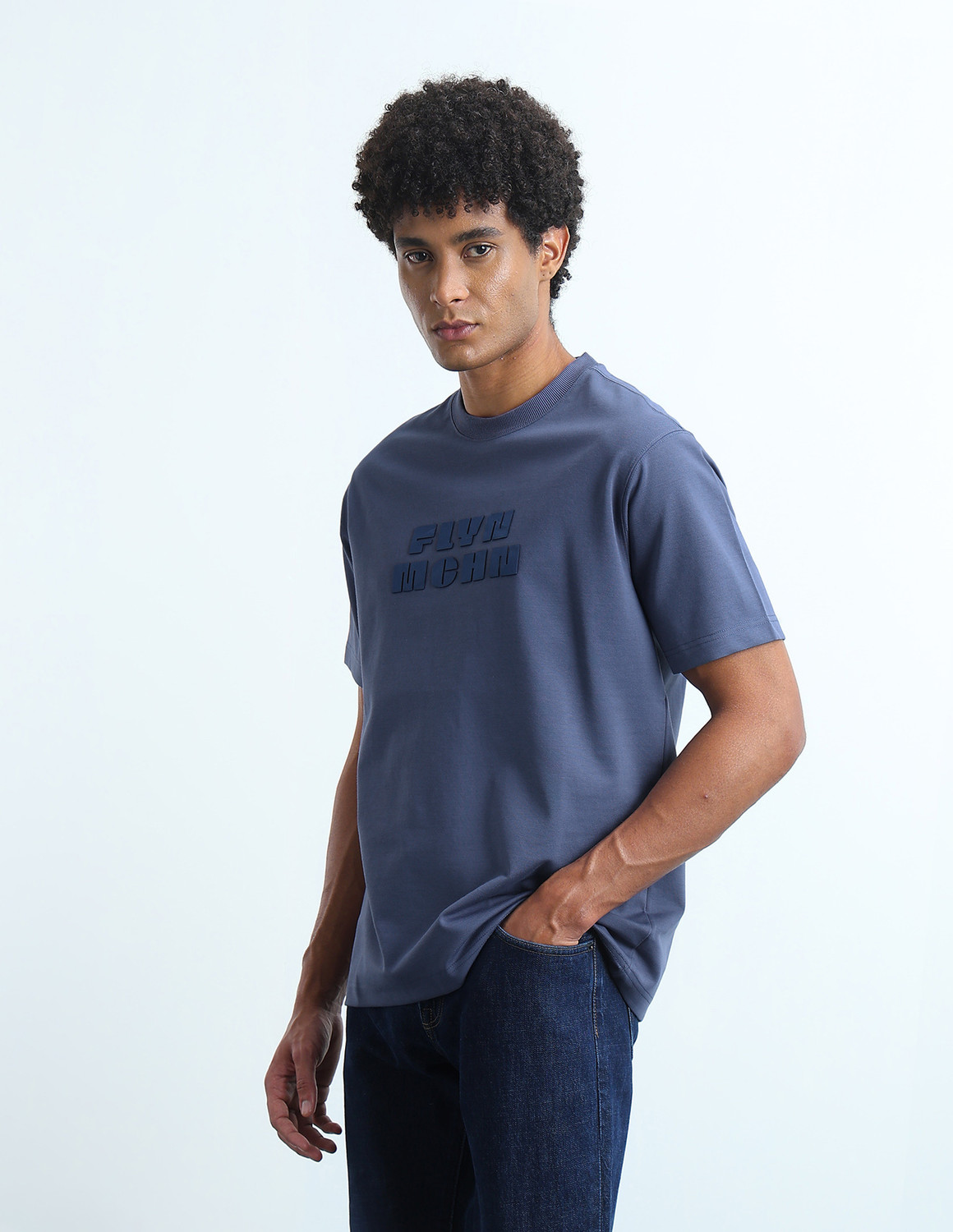 Image of FLYING MACHINE Typography Men Round Neck Blue T-Shirt