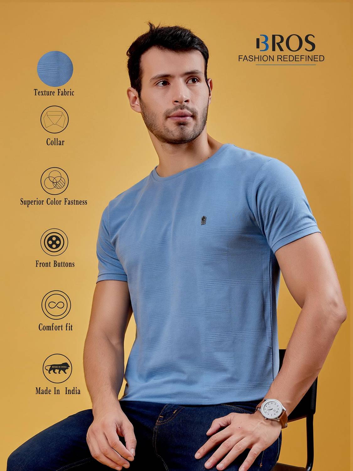 3BROS Solid Men Round Neck Grey, Light Blue T-Shirt