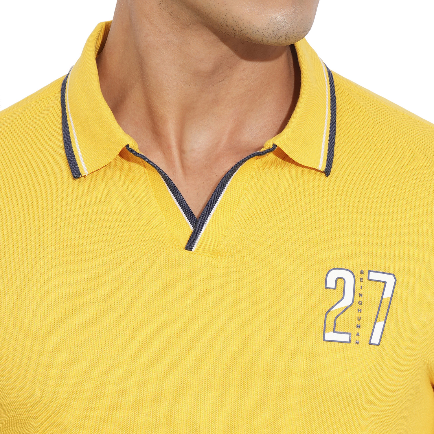 Image of BEING HUMAN Solid Men Polo Neck Yellow T-Shirt