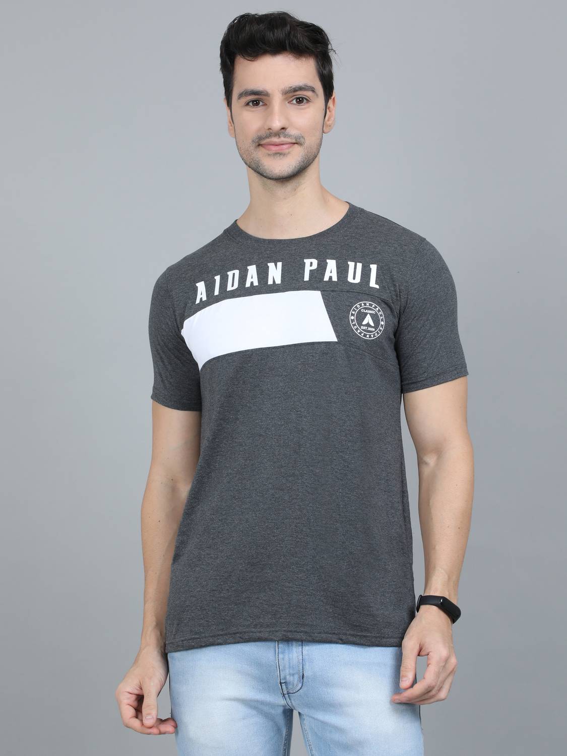 AIDAN PAUL Typography Men Round Neck Grey T-Shirt