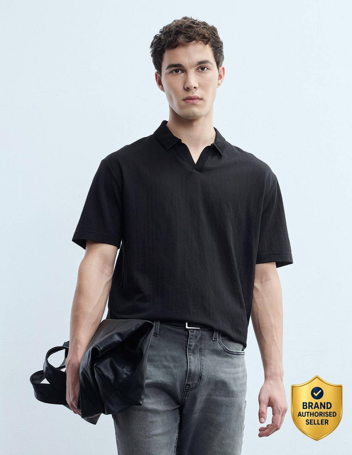 FLYING MACHINE Men Black Polo Neck T-Shirt - Image 1
