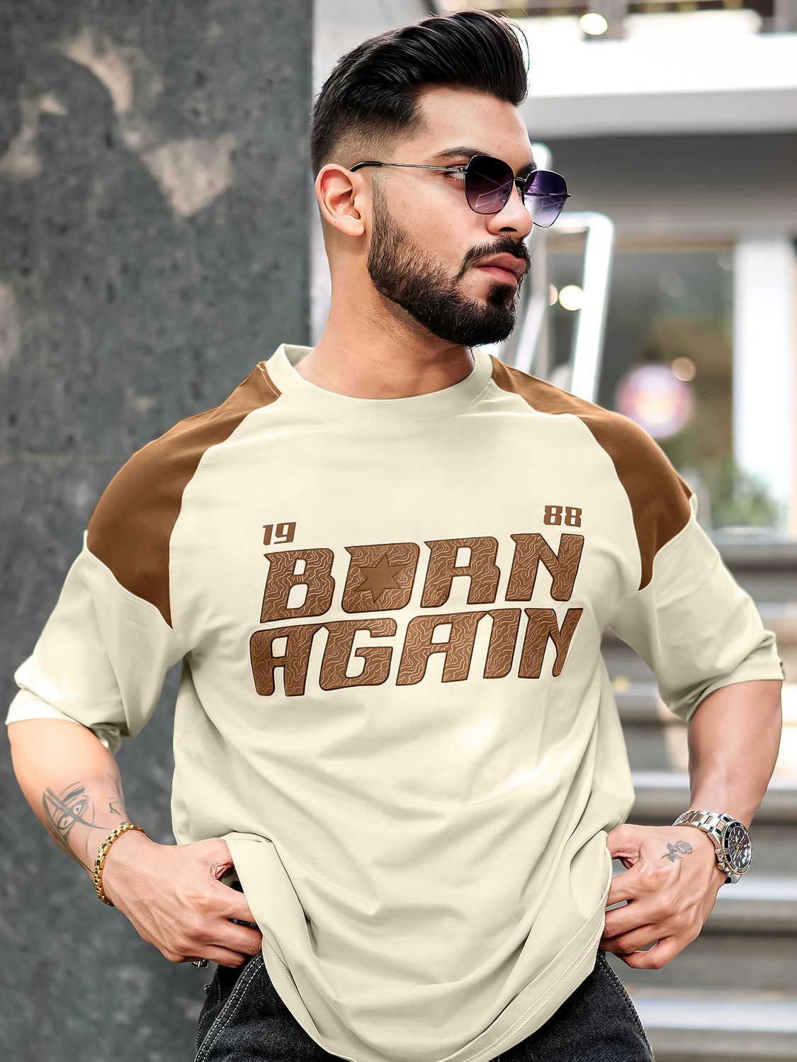 Image of MANIAC Printed Men Round Neck Beige T-Shirt