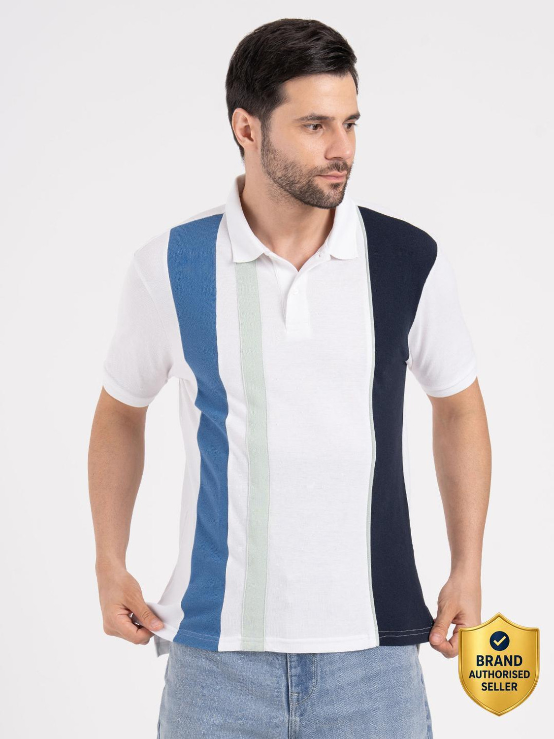 Image of RED TAPE Striped Men Polo Neck White T-Shirt