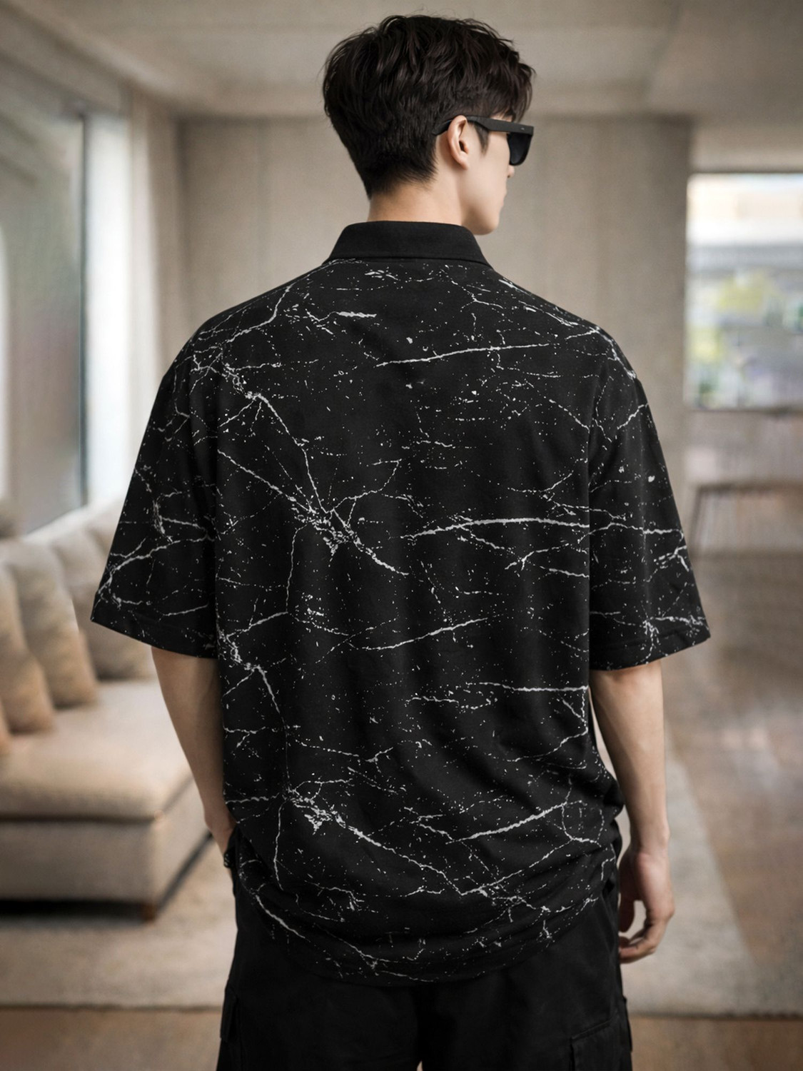 Image of Jump Cuts Printed Men Zip Neck Black, Grey T-Shirt