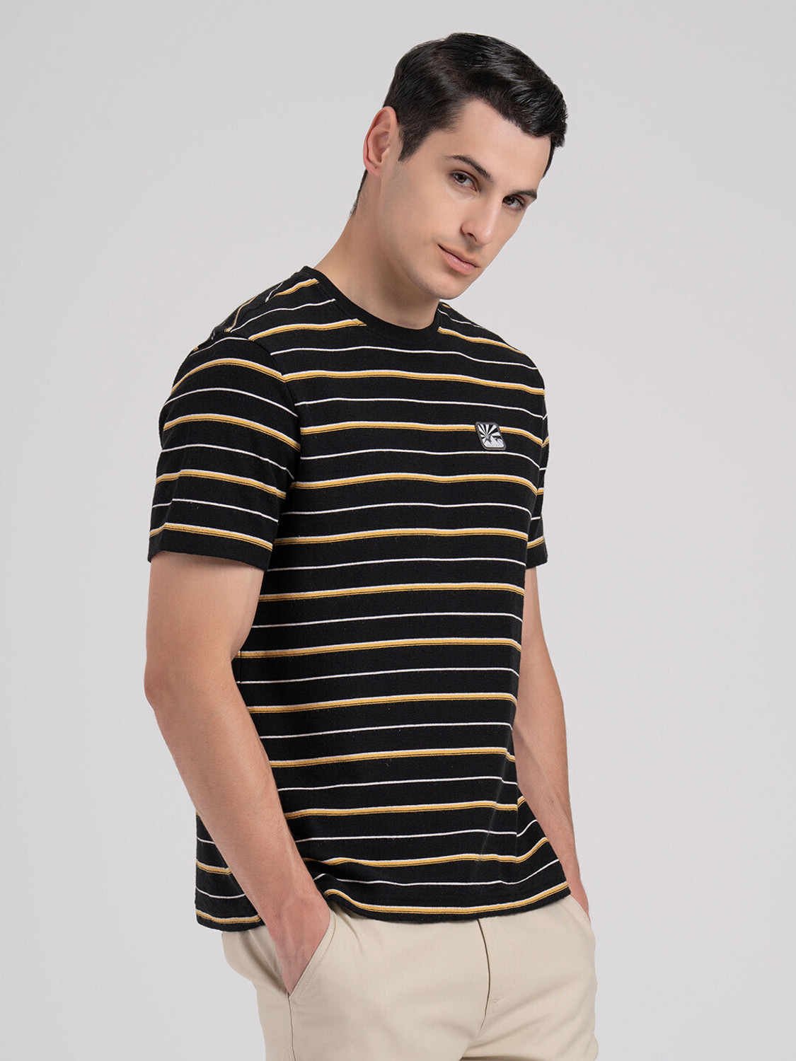 Image of RED TAPE Striped Men Round Neck Black T-Shirt