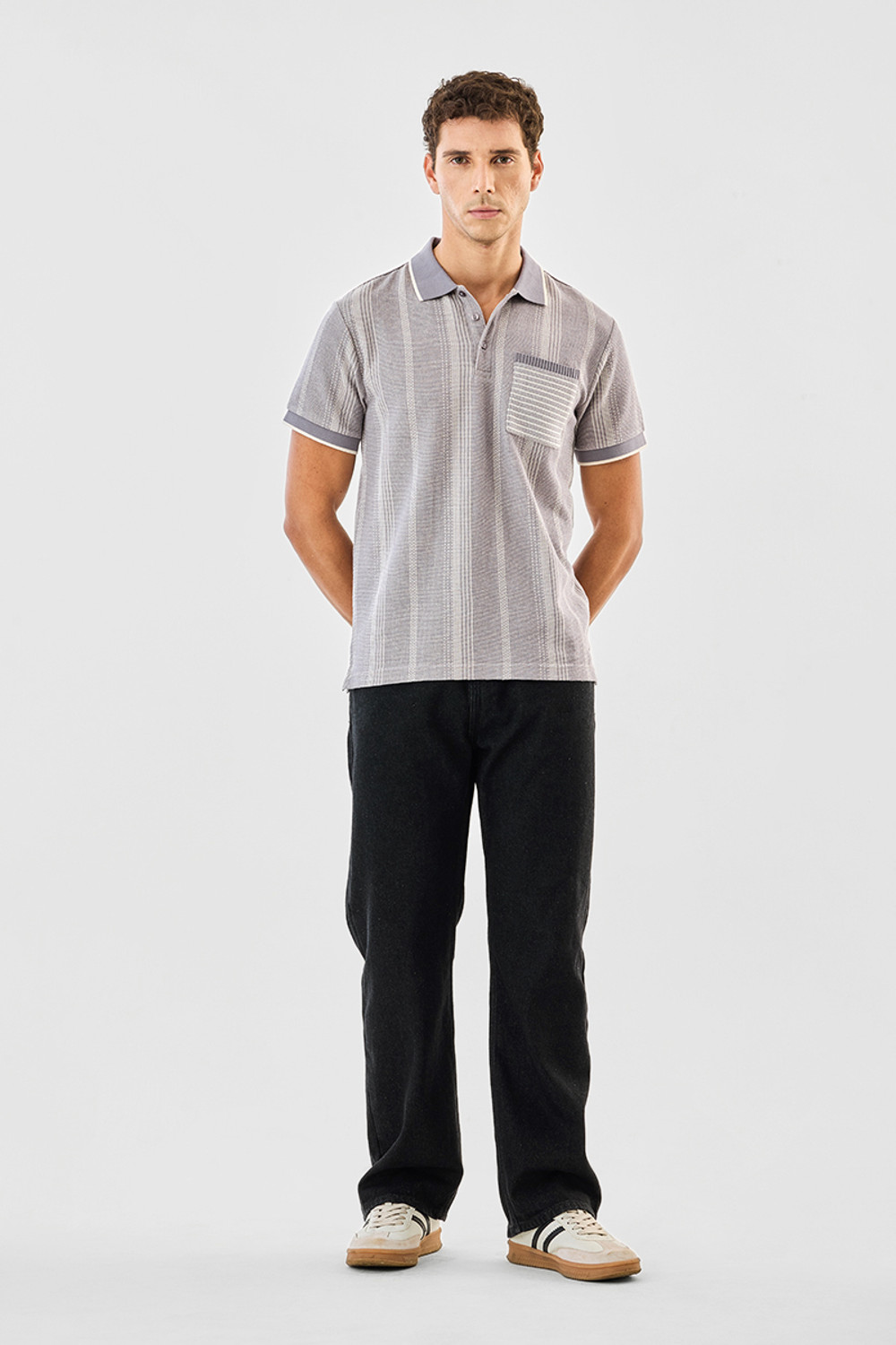 Image of Snitch Self Design, Striped Men Polo Neck Grey T-Shirt