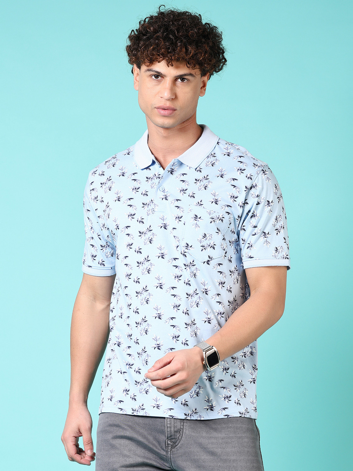 Image of V-MART Printed Men Polo Neck Blue T-Shirt