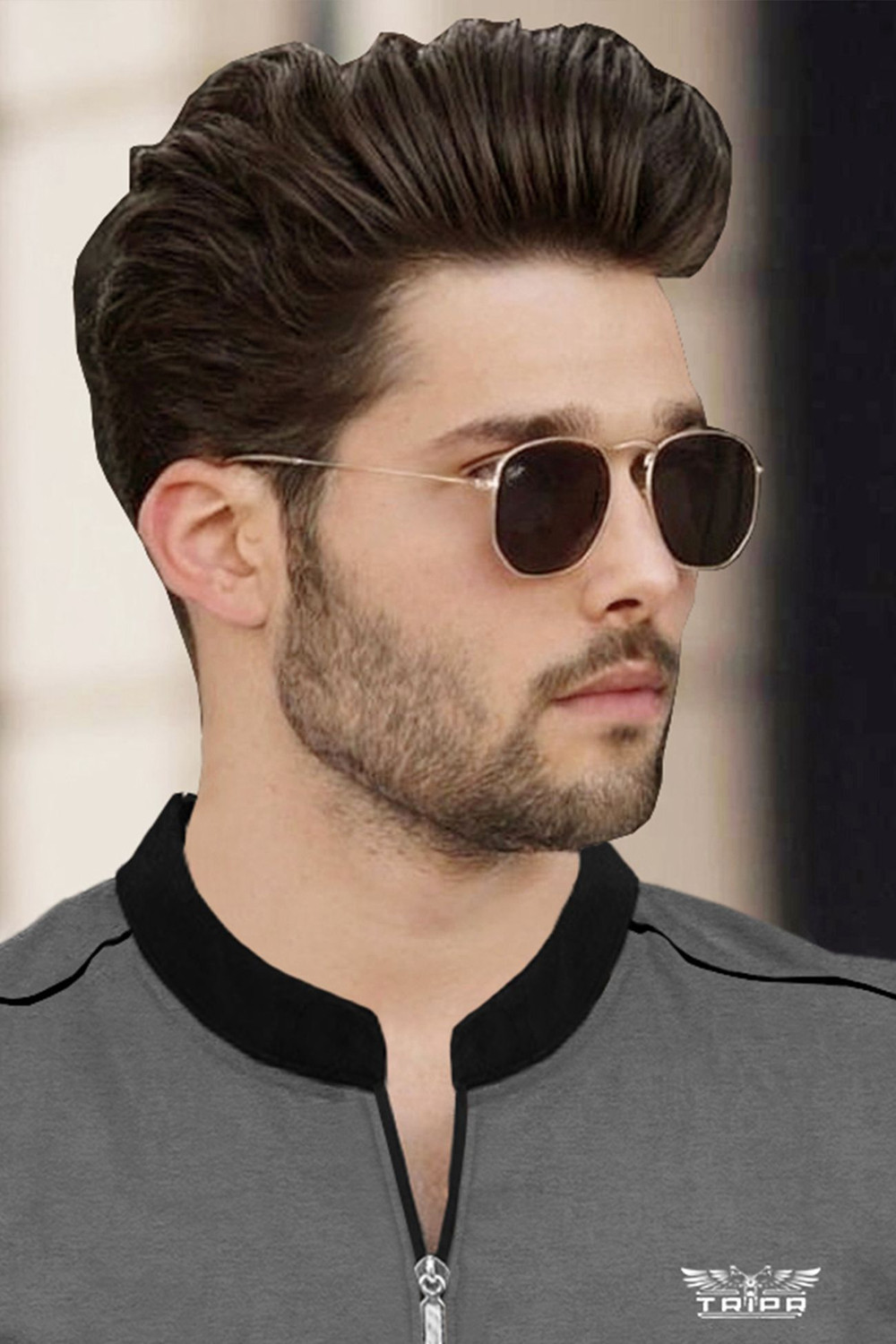 Image of TRIPR Solid Men Mandarin Collar Grey, Black T-Shirt
