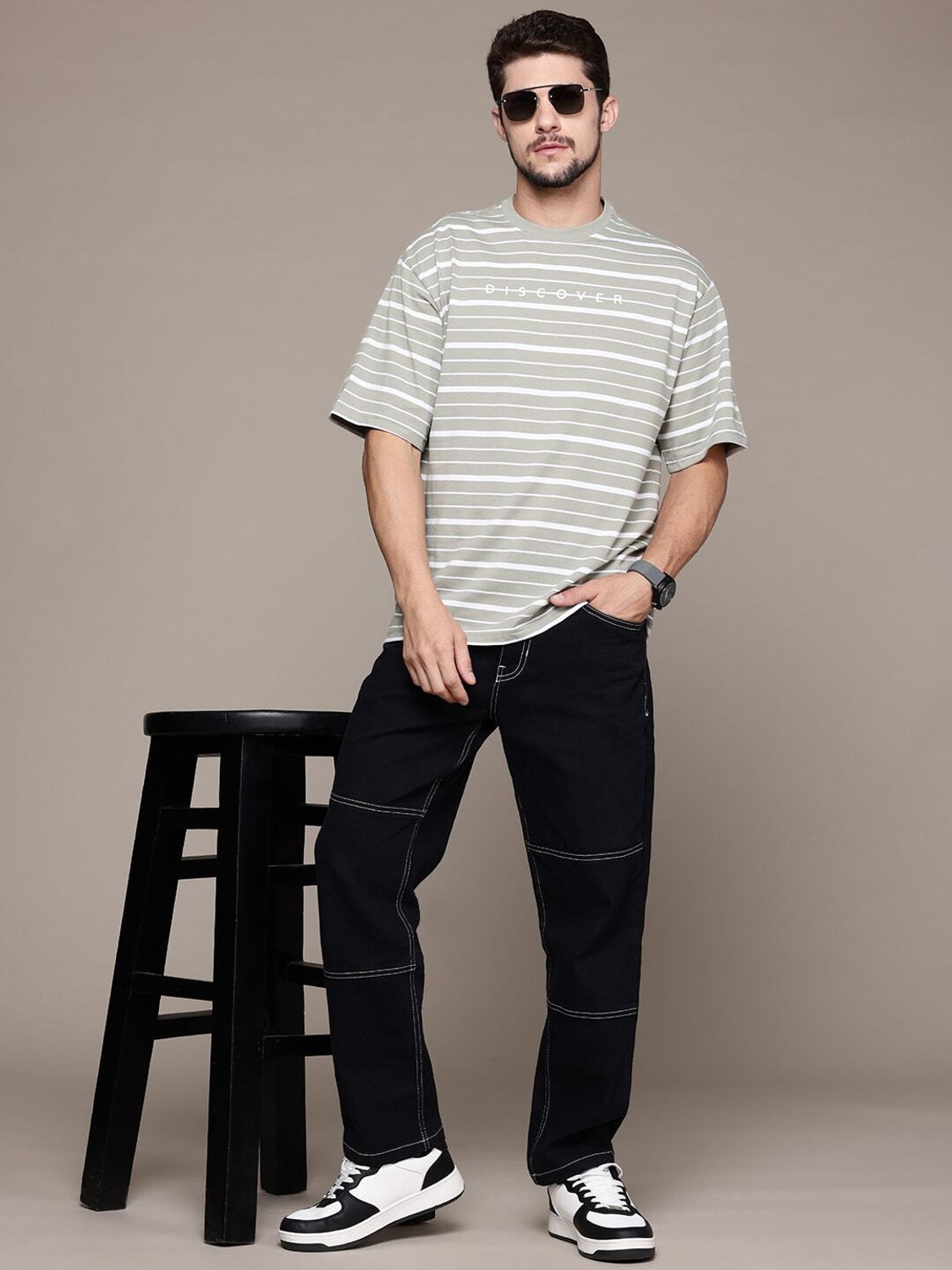 Image of Roadster Striped Men Round Neck Grey T-Shirt