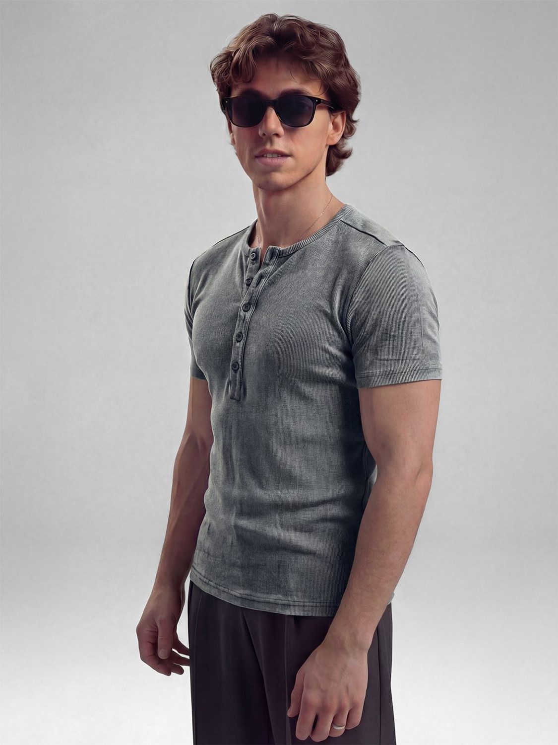 Image of FUGAZEE Solid Men Henley Neck Grey T-Shirt