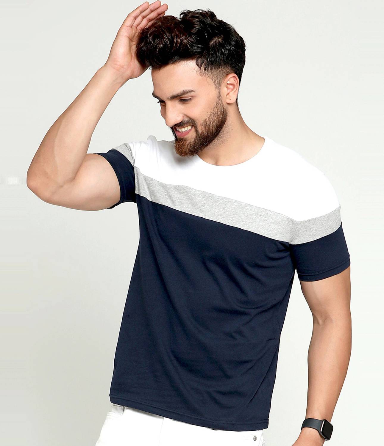 AUSK Men Colorblock Round Neck Cotton Blend White, Blue, Grey T-S