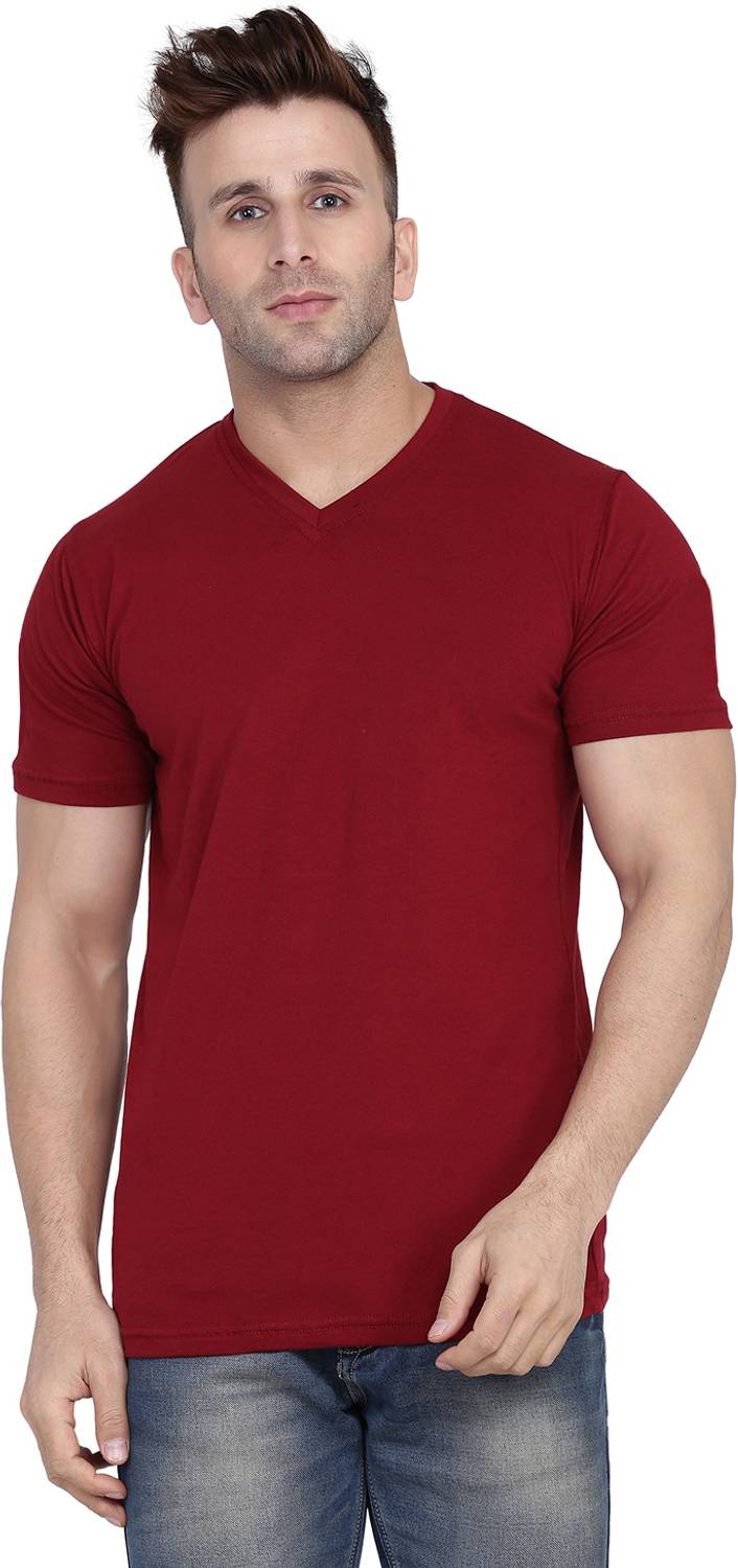 tfurnish Solid Men V Neck Maroon T-Shirt