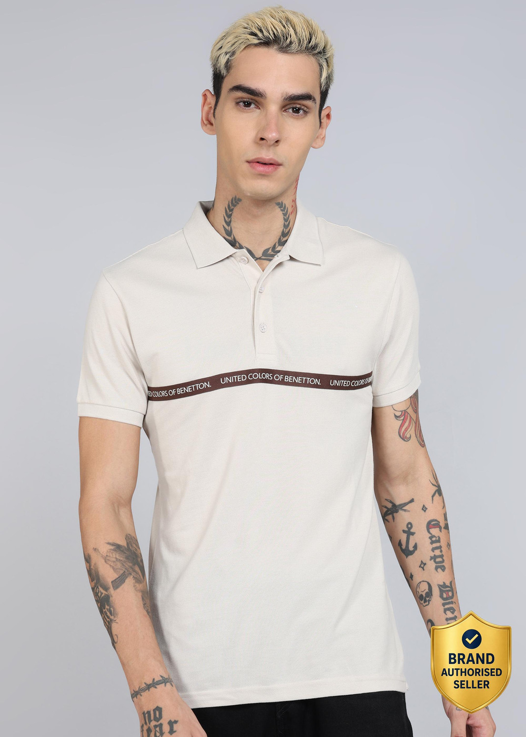 Image of United Colors of Benetton Printed Men Polo Neck Beige T-Shirt