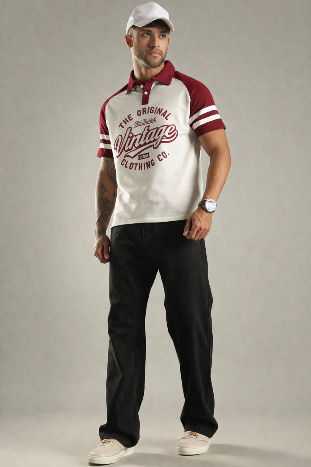 Image of SHINX Printed Men Polo Neck White, Maroon T-Shirt