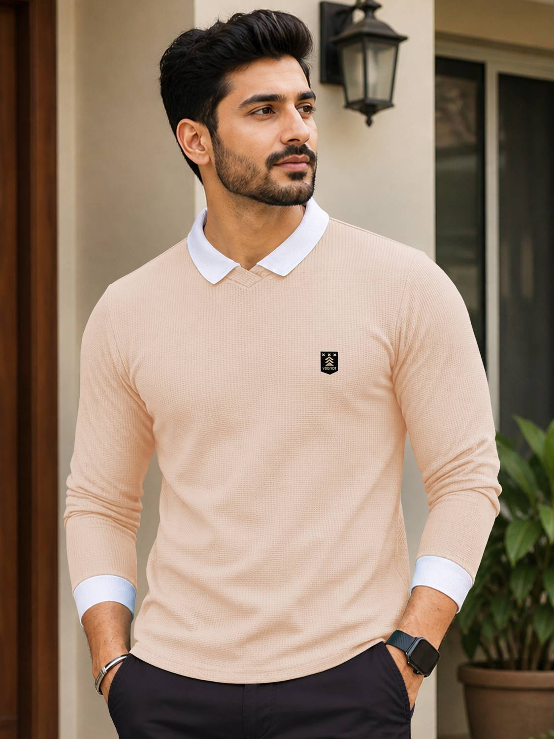 VeBNoR Men Beige Polo Neck T-Shirt - Image 1