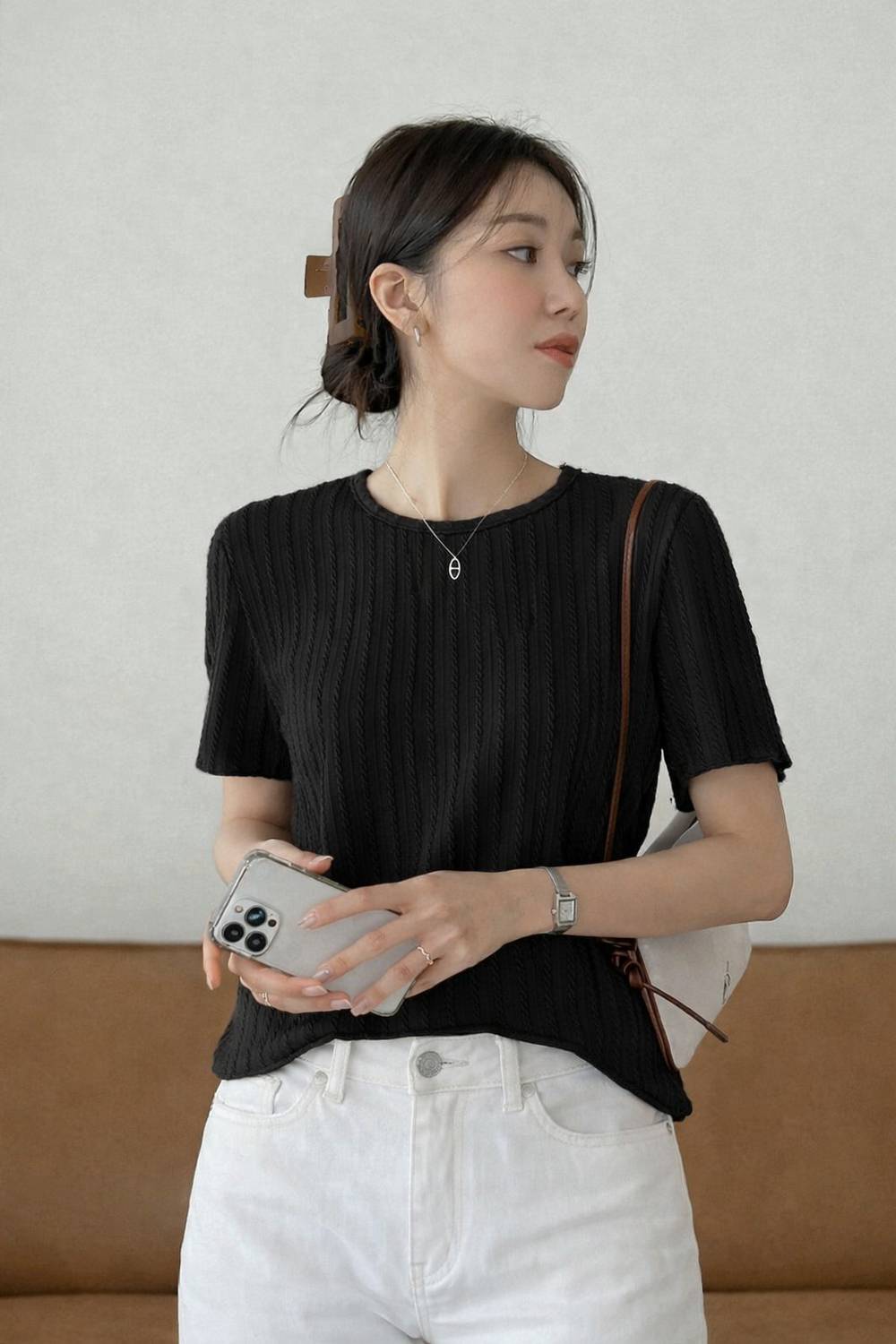 1stLov Self Design Women Round Neck Black T-Shirt