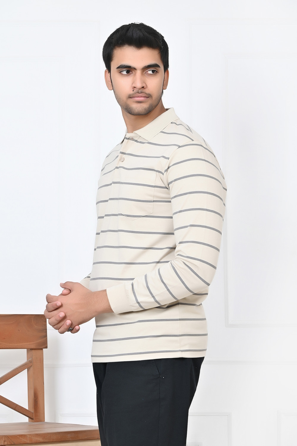 Image of Arbour Striped Men Polo Neck Beige T-Shirt
