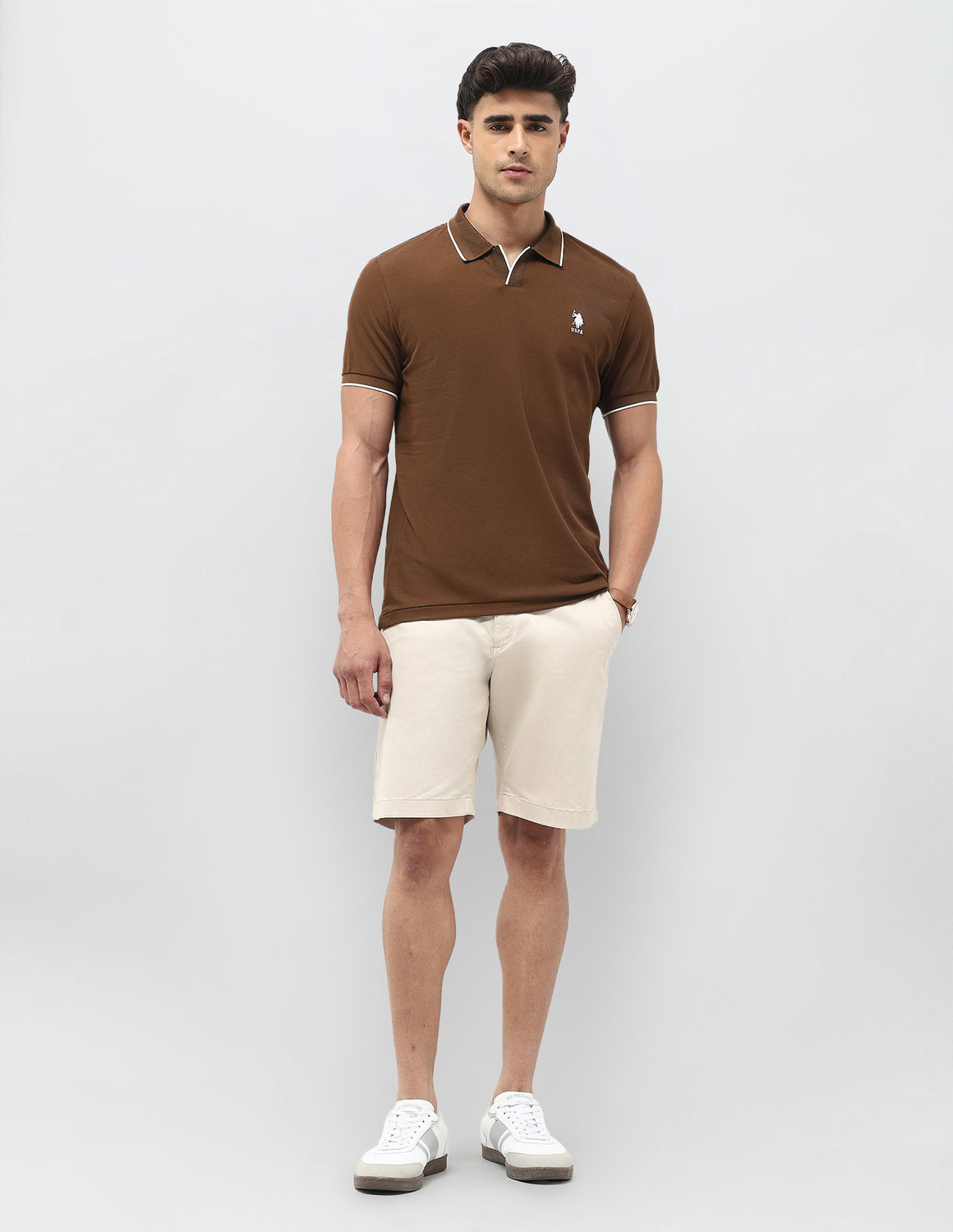 Image of U.S. POLO ASSN. Solid Men Polo Neck Brown T-Shirt