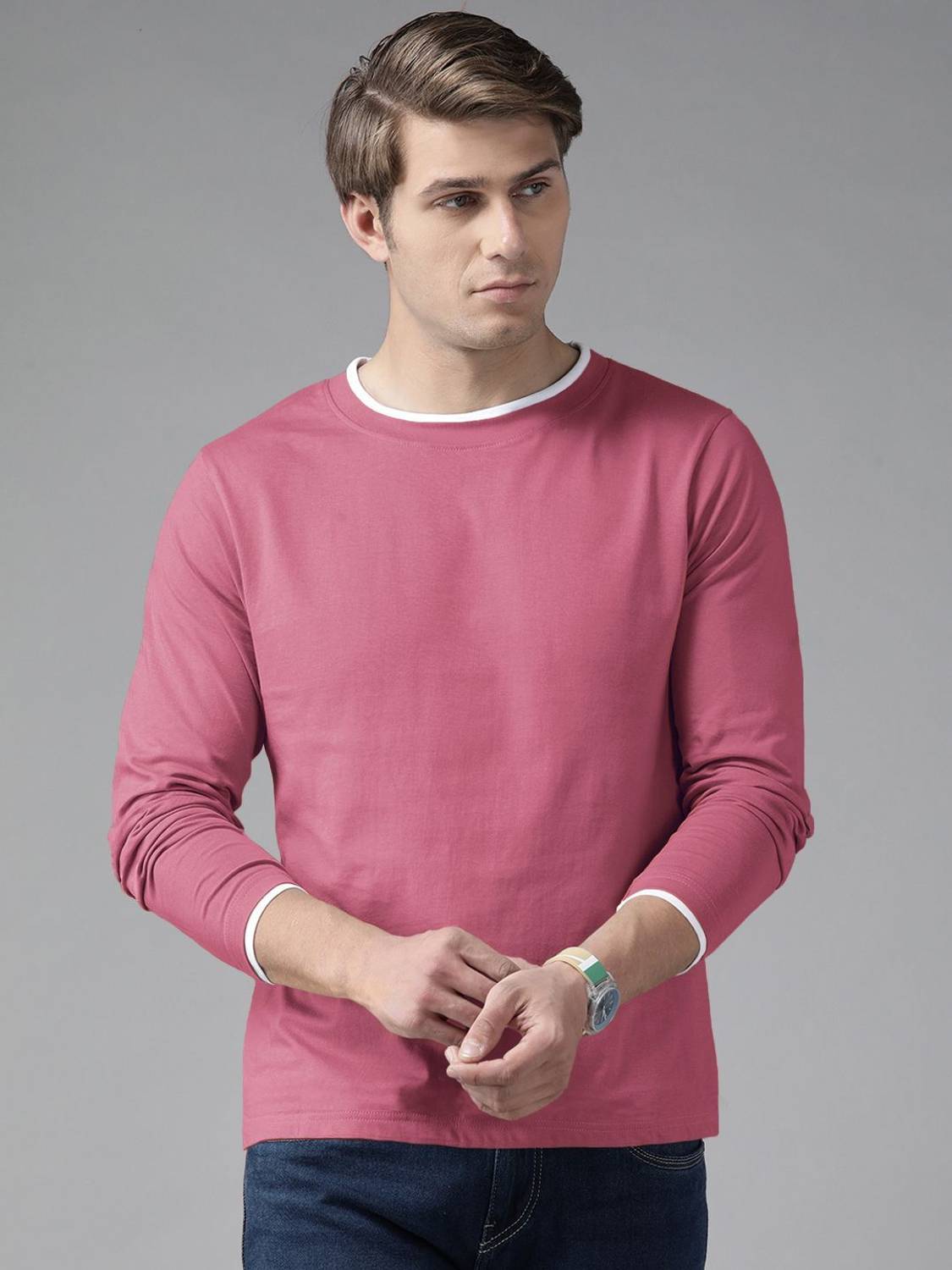 THE DRY STATE Men Solid Round Neck Pure Cotton Pink T-Shirt