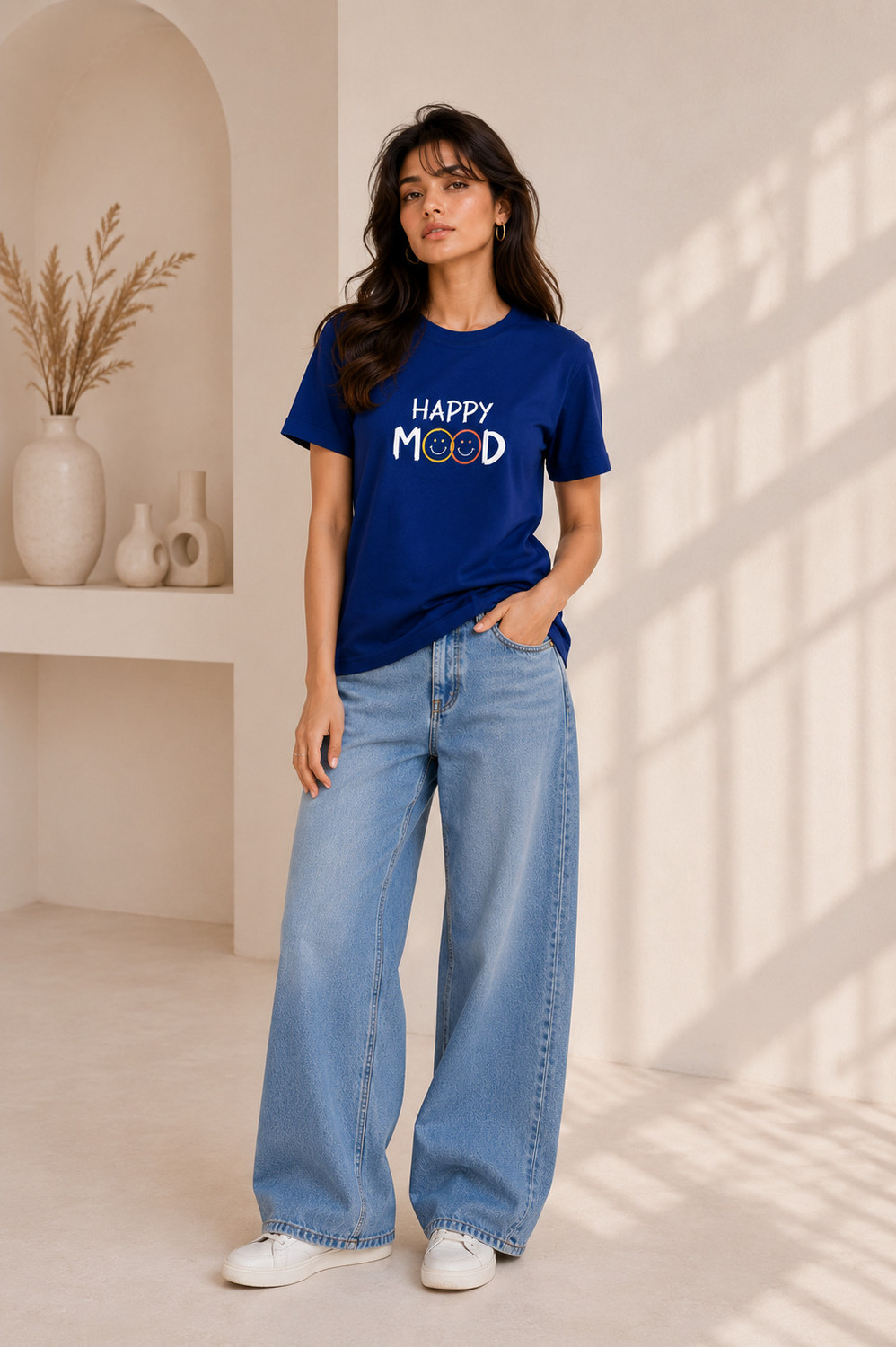 Image of Adyavastram Typography Women Round Neck Blue T-Shirt