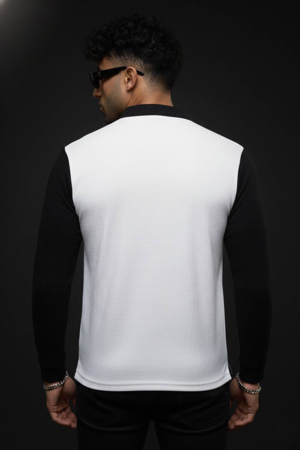 Try This Striped, Self Design Men Zip Neck Black, White T-Shirt