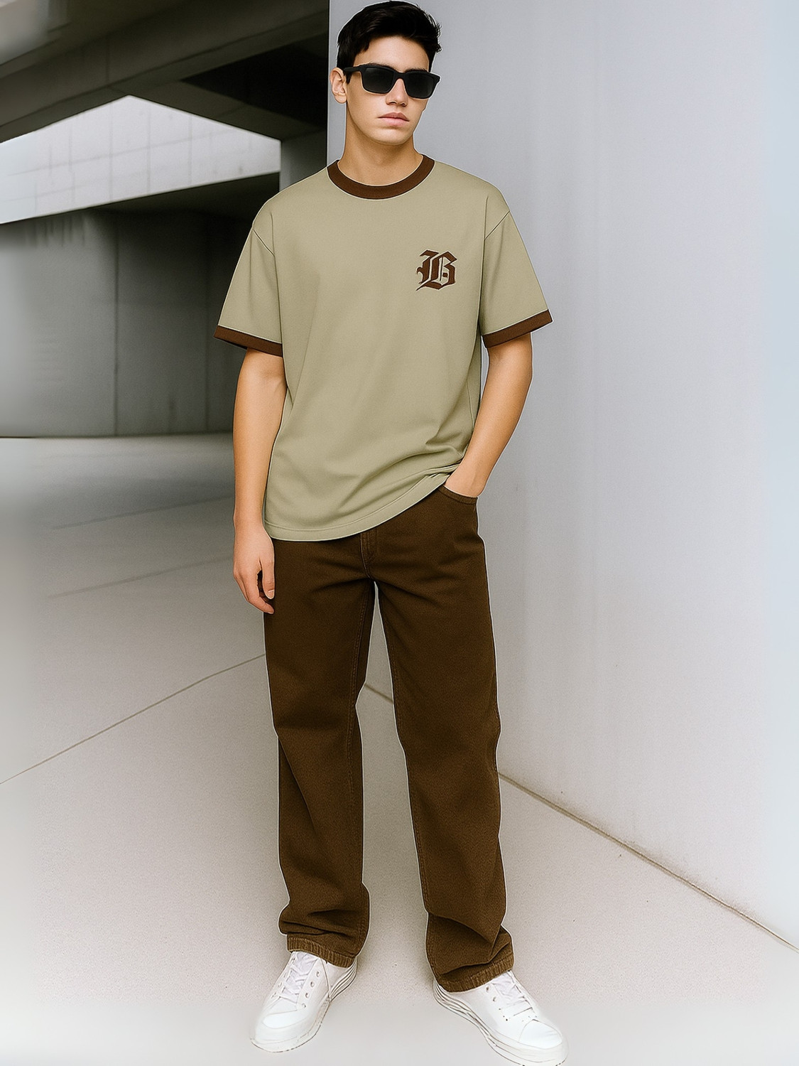 Image of MANIAC Graphic Print Men Round Neck Beige, Brown T-Shirt