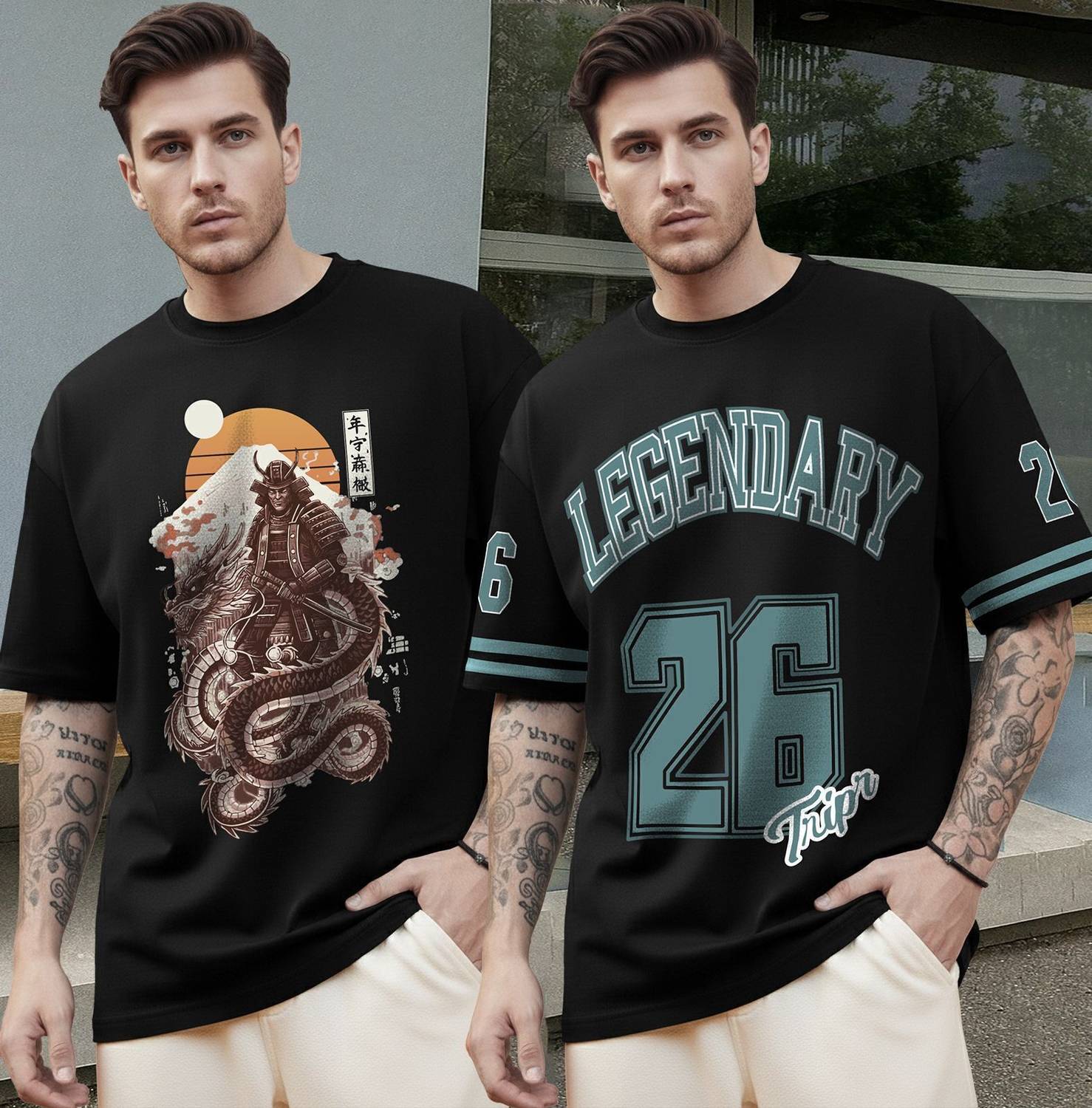 TRIPR Pack of 2 Oversized Men Printed Round Neck Cotton Blend Bla