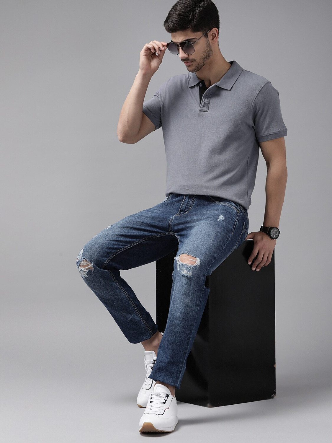 Image of Roadster Solid Men Polo Neck Grey T-Shirt