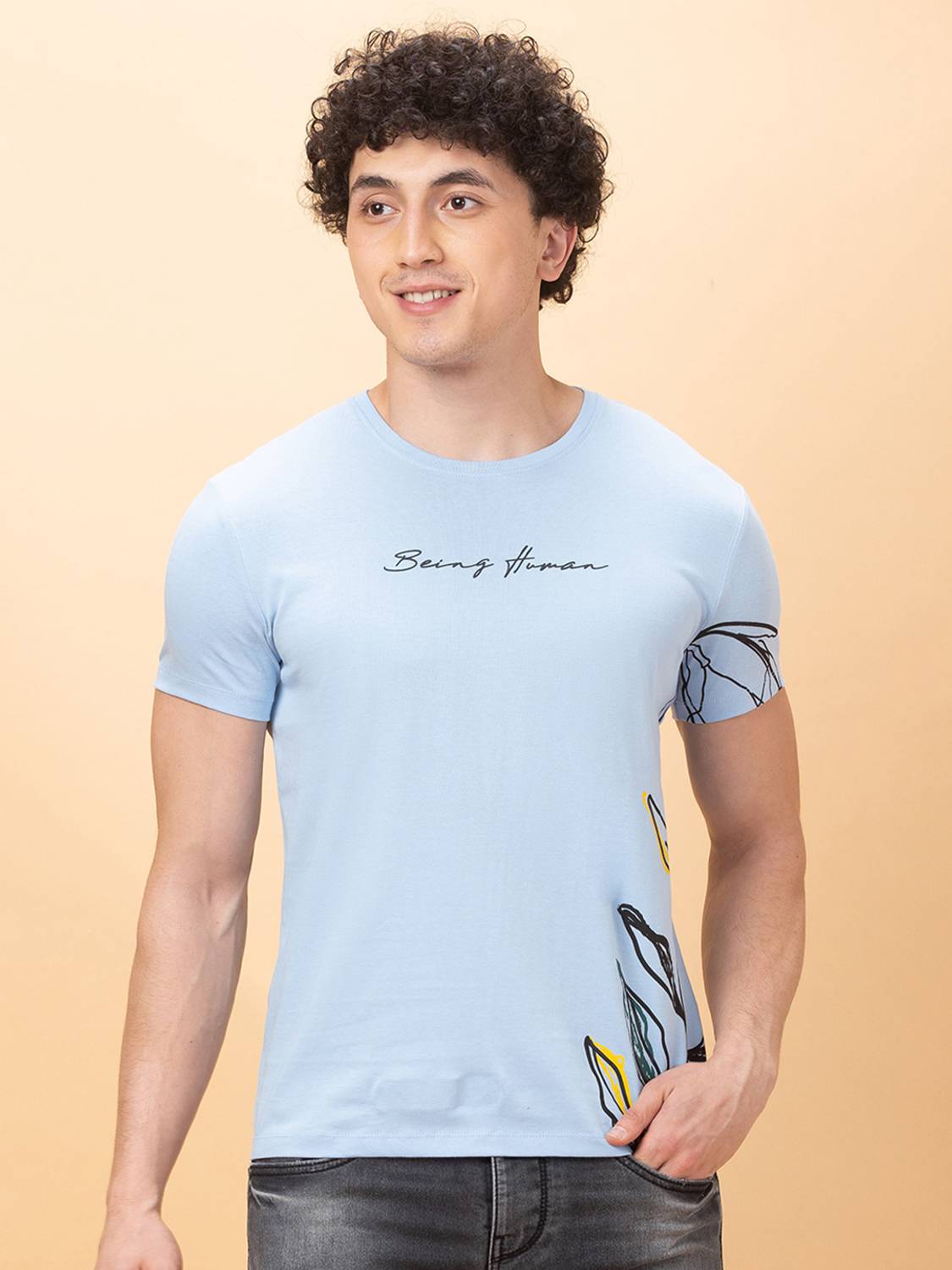 BEING HUMAN Printed Men Crew Neck Blue T-Shirt