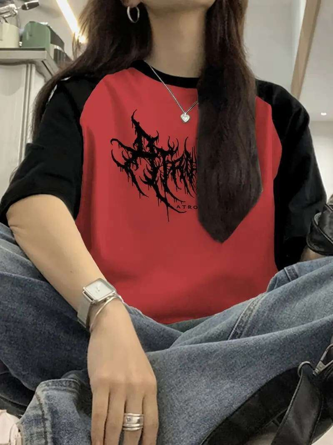 Image of EraandEdge Printed Women Round Neck Red T-Shirt