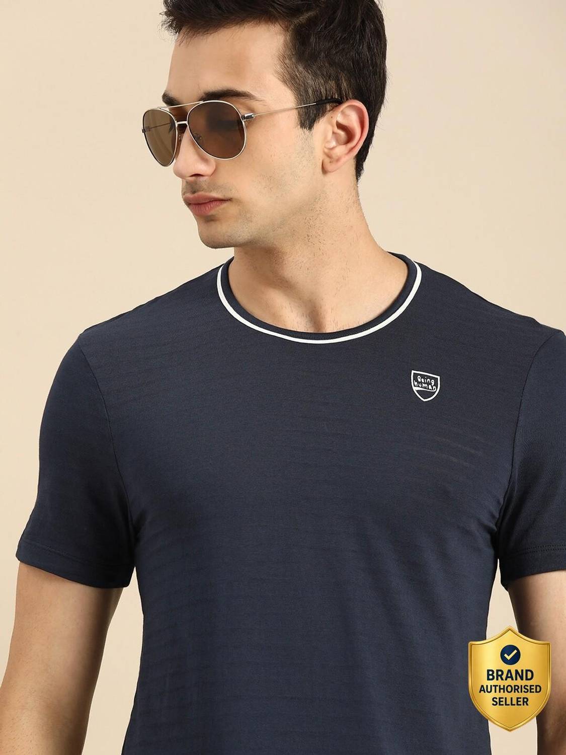 BEING HUMAN Solid Men Crew Neck Blue T-Shirt