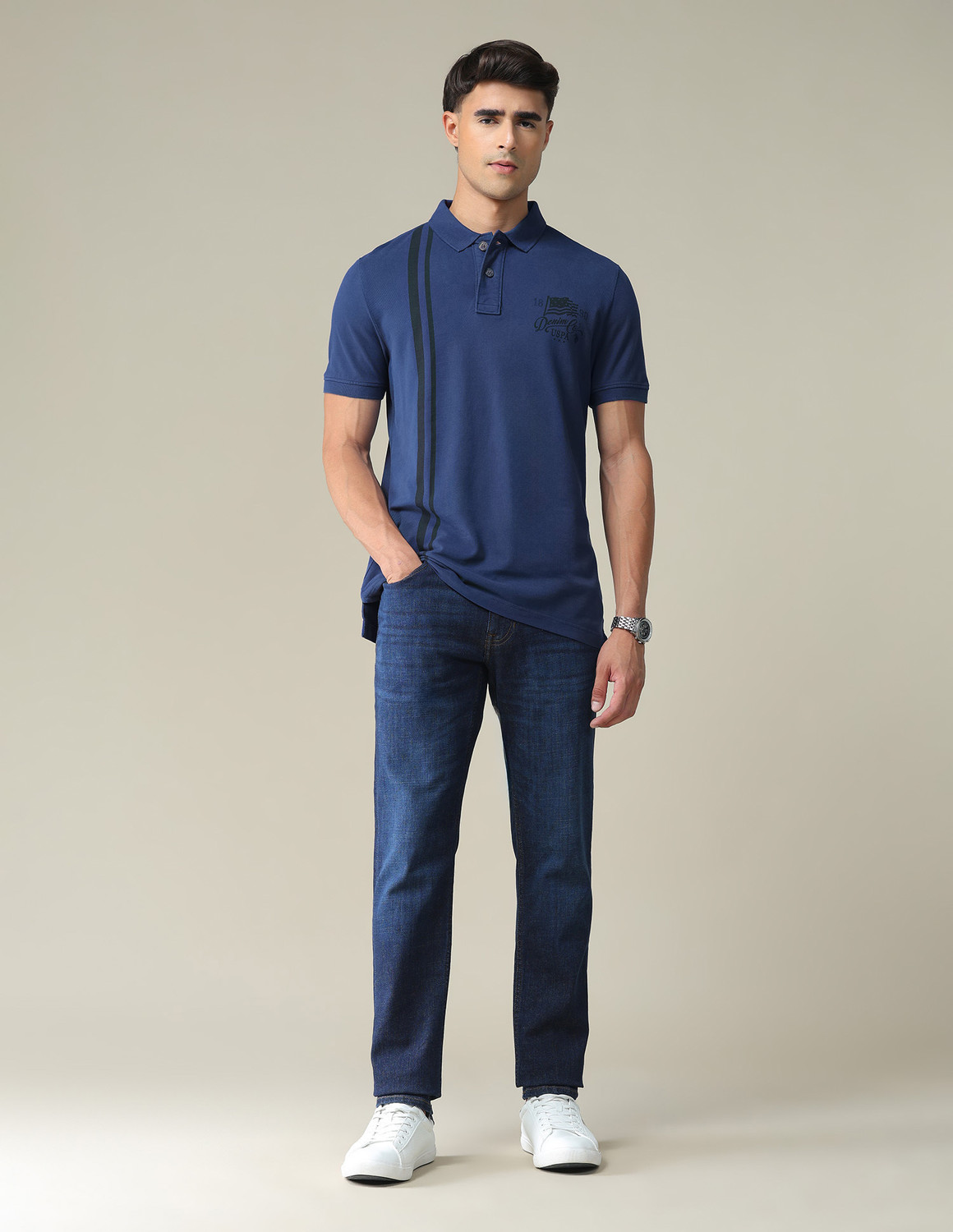 Image of U.S. POLO ASSN. Solid Men Polo Neck Blue T-Shirt