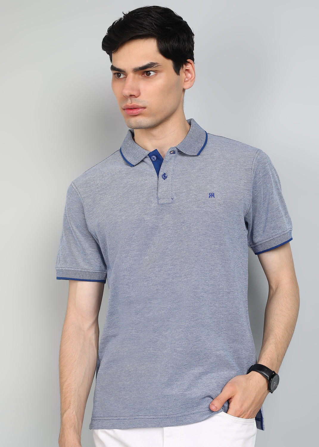 Image of Raymond Solid Men Polo Neck Dark Blue T-Shirt