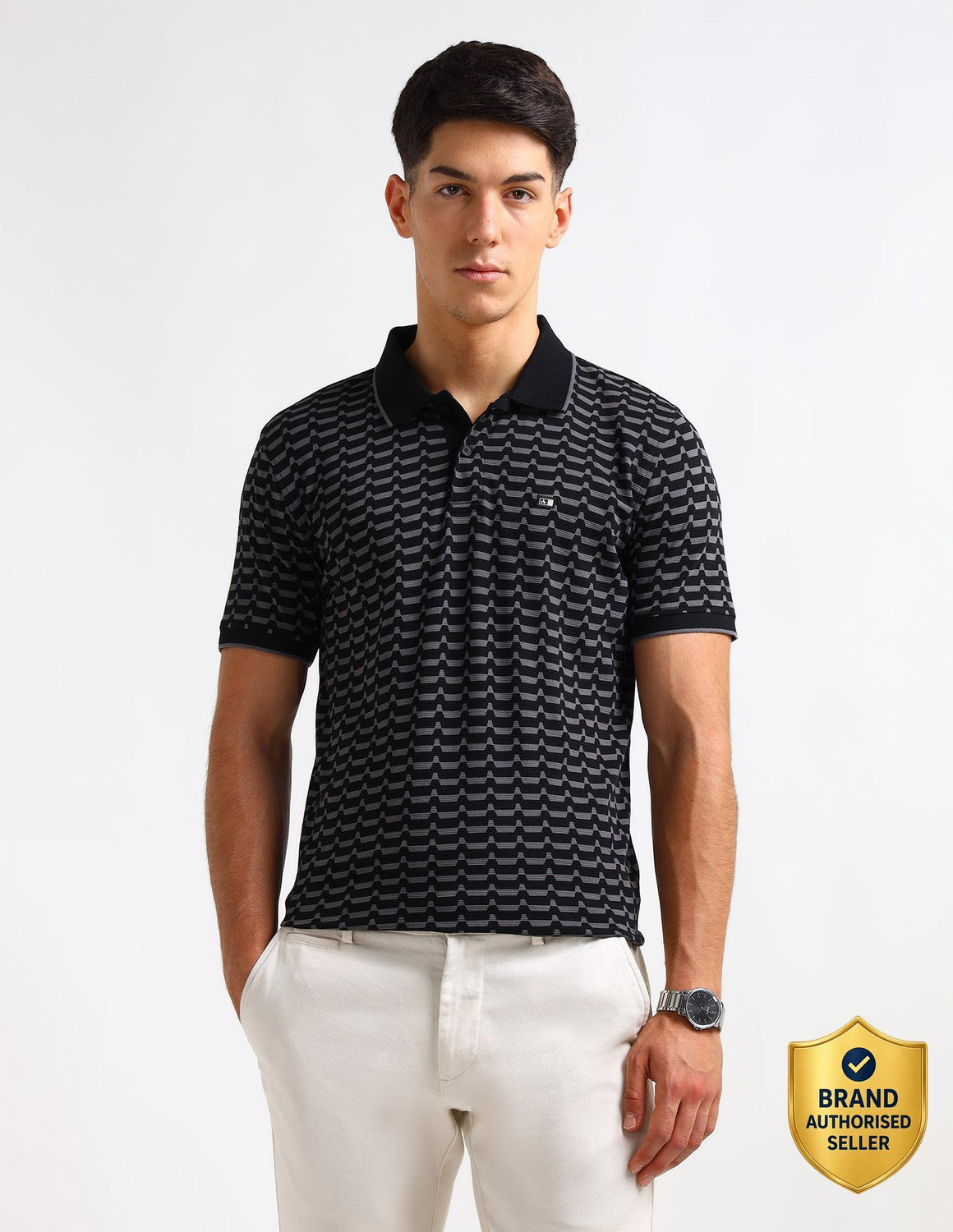 Image of Arrow Sport Geometric Print Men Polo Neck Black T-Shirt