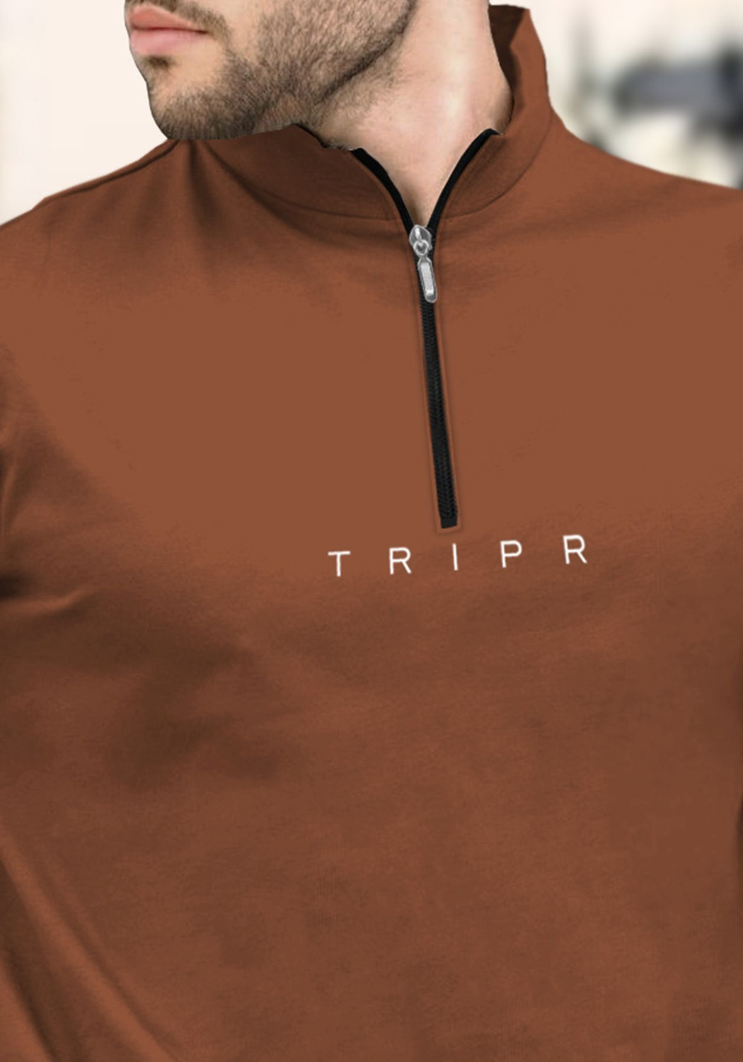Image of TRIPR Printed Men Mandarin Collar Brown T-Shirt