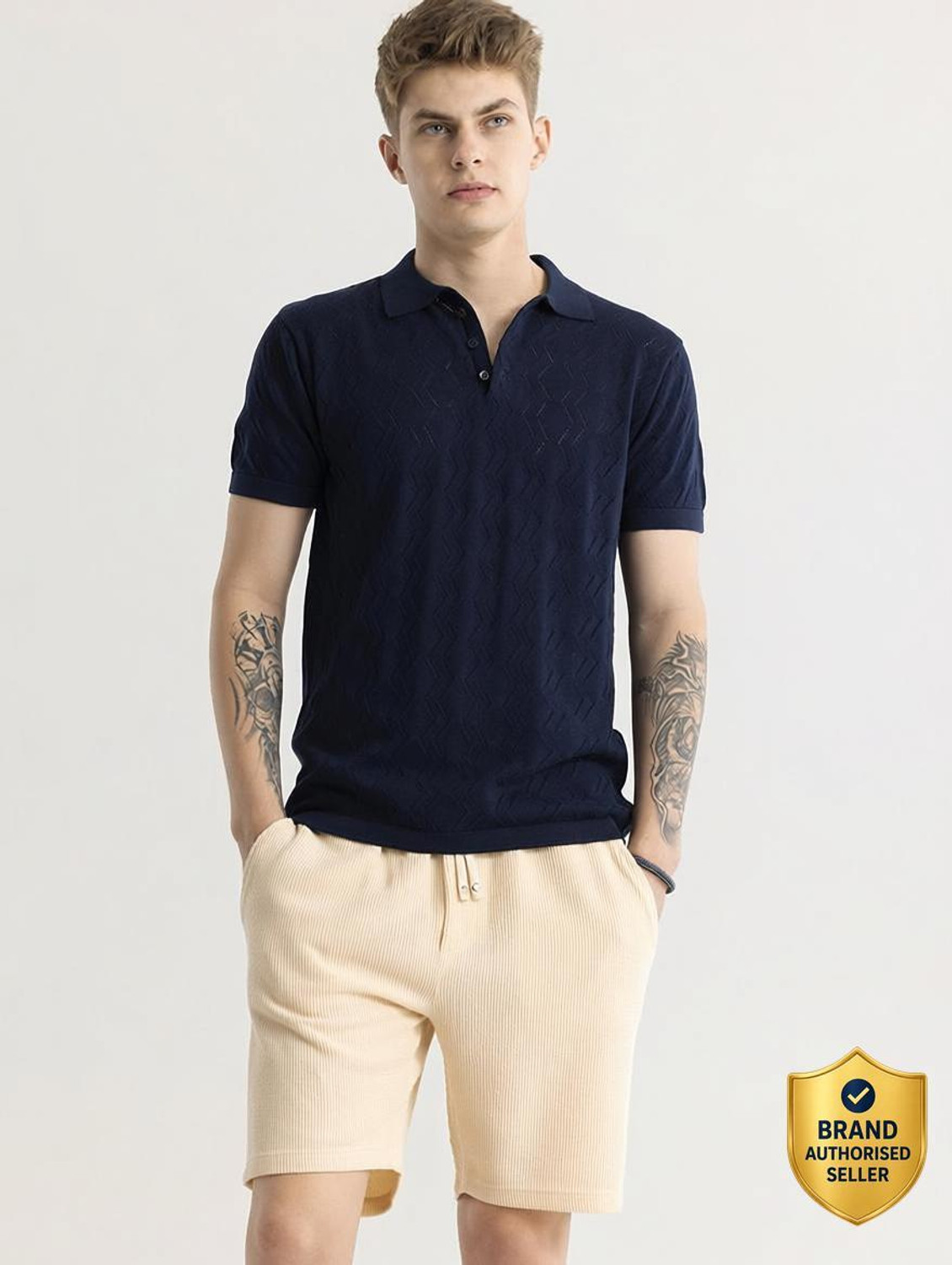 Image of Snitch Printed Men Polo Neck Blue T-Shirt