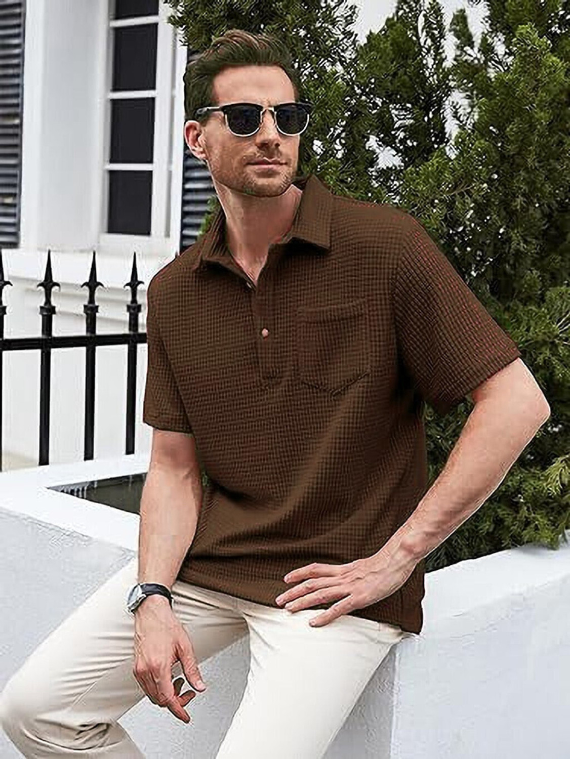 Image of ColorChakra Self Design Men Polo Neck Brown T-Shirt