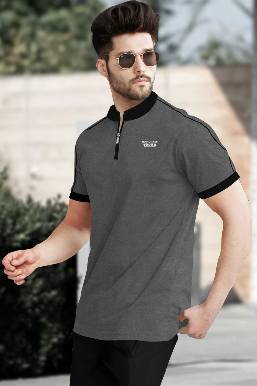 Image of TRIPR Printed Men Mandarin Collar Grey, Black T-Shirt