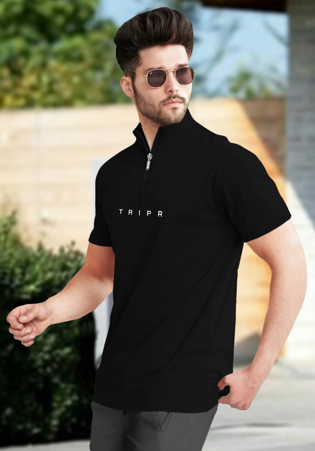 Image of TRIPR Solid Men Mandarin Collar Black T-Shirt