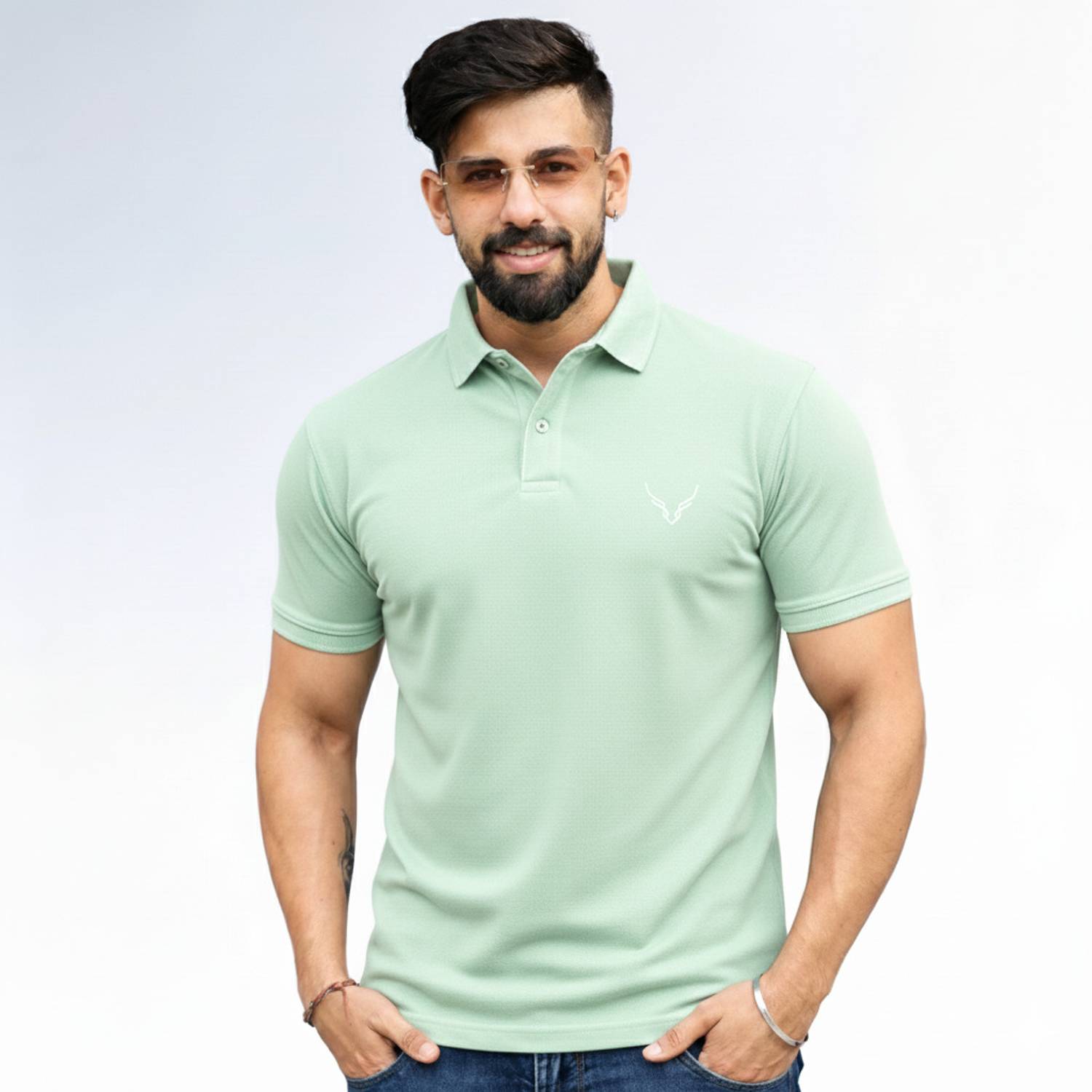 AVRIE Self Design Men Polo Neck Light Green T-Shirt