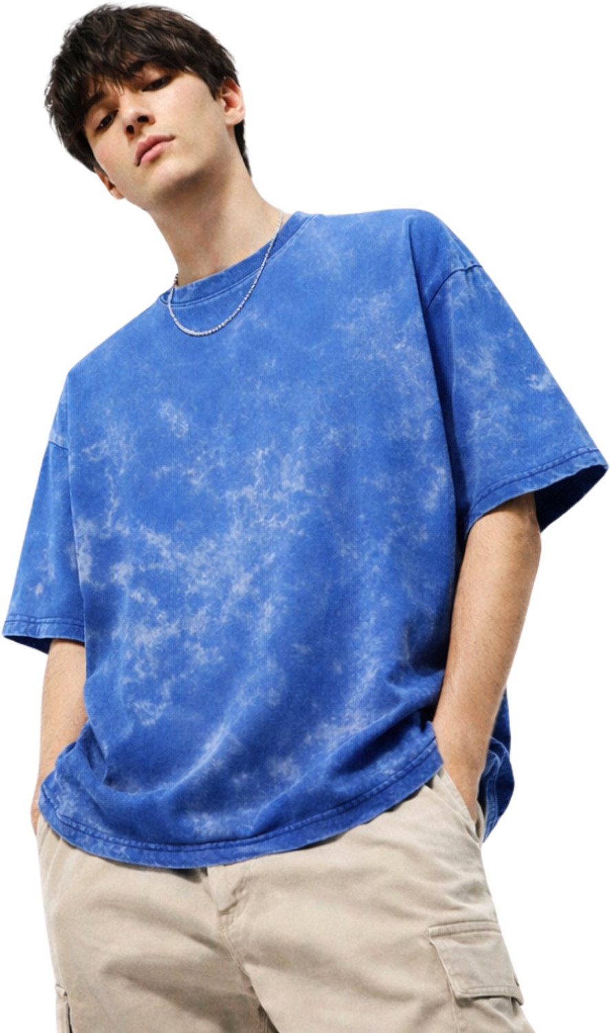 Image of LUFIT Solid, Washed Men Round Neck Blue, White T-Shirt
