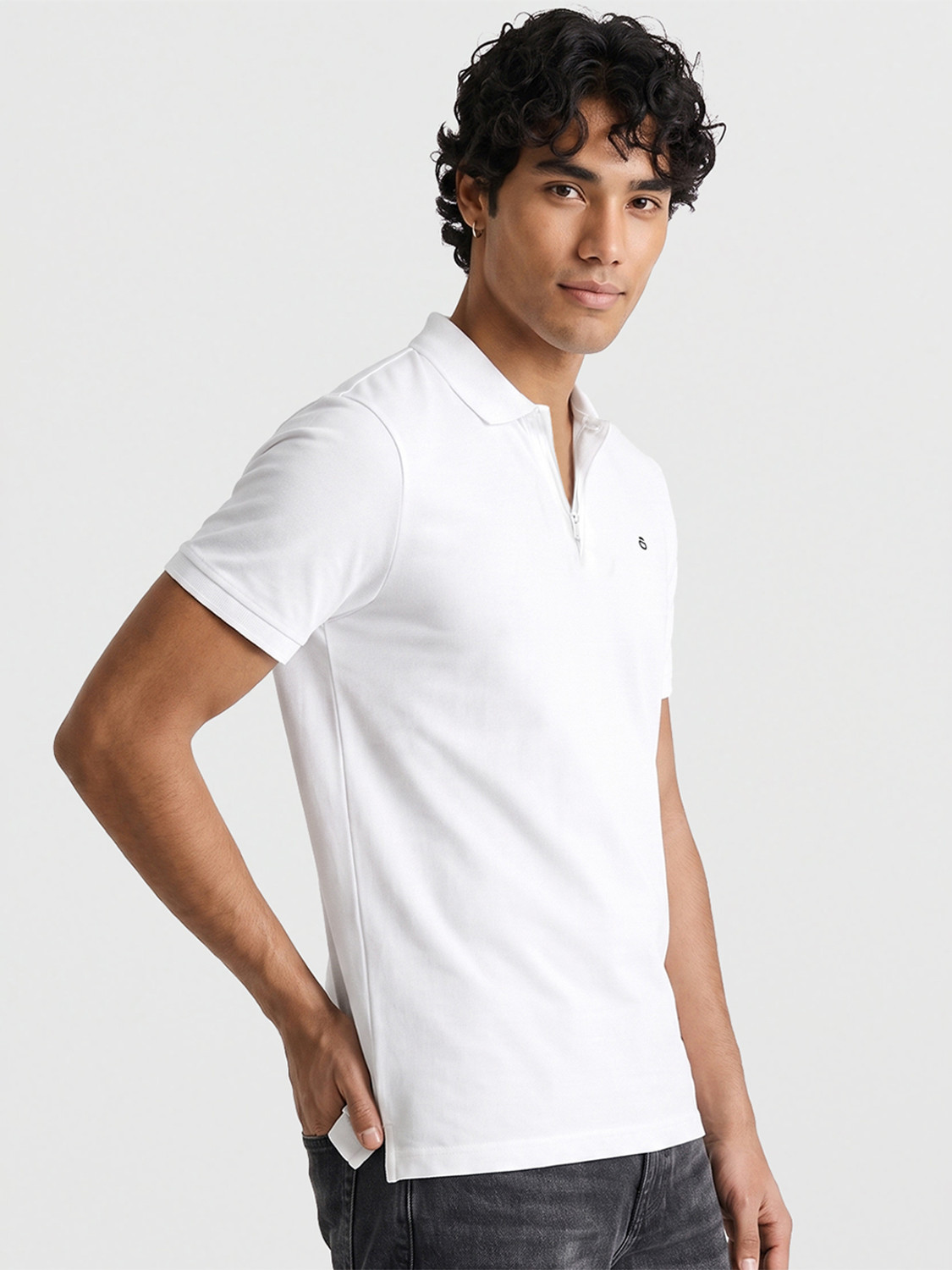 Image of BEWAKOOF Men Self Design Polo Neck Pure Cotton White T-Shirt